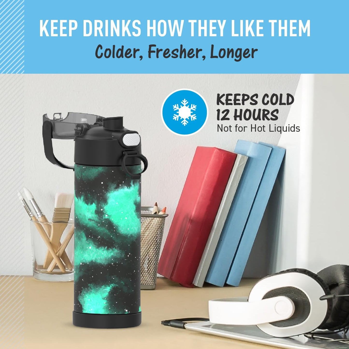 THERMOS FUNTAINER 16 Ounce Stainless Steel Insulated Bottle - Galaxy Green, Wide Spout Lid