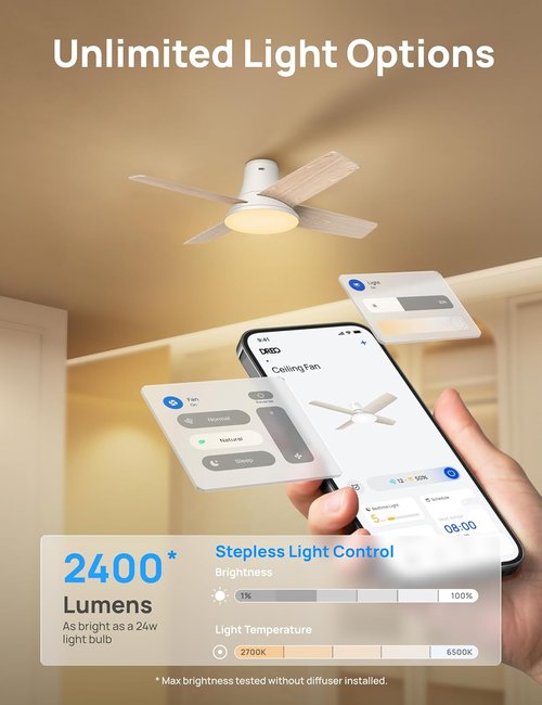 DREO Smart Ceiling Fan with Lights - 12 Speeds, Quiet DC Motor, Dimmable LED, 44" White Flush Mount
