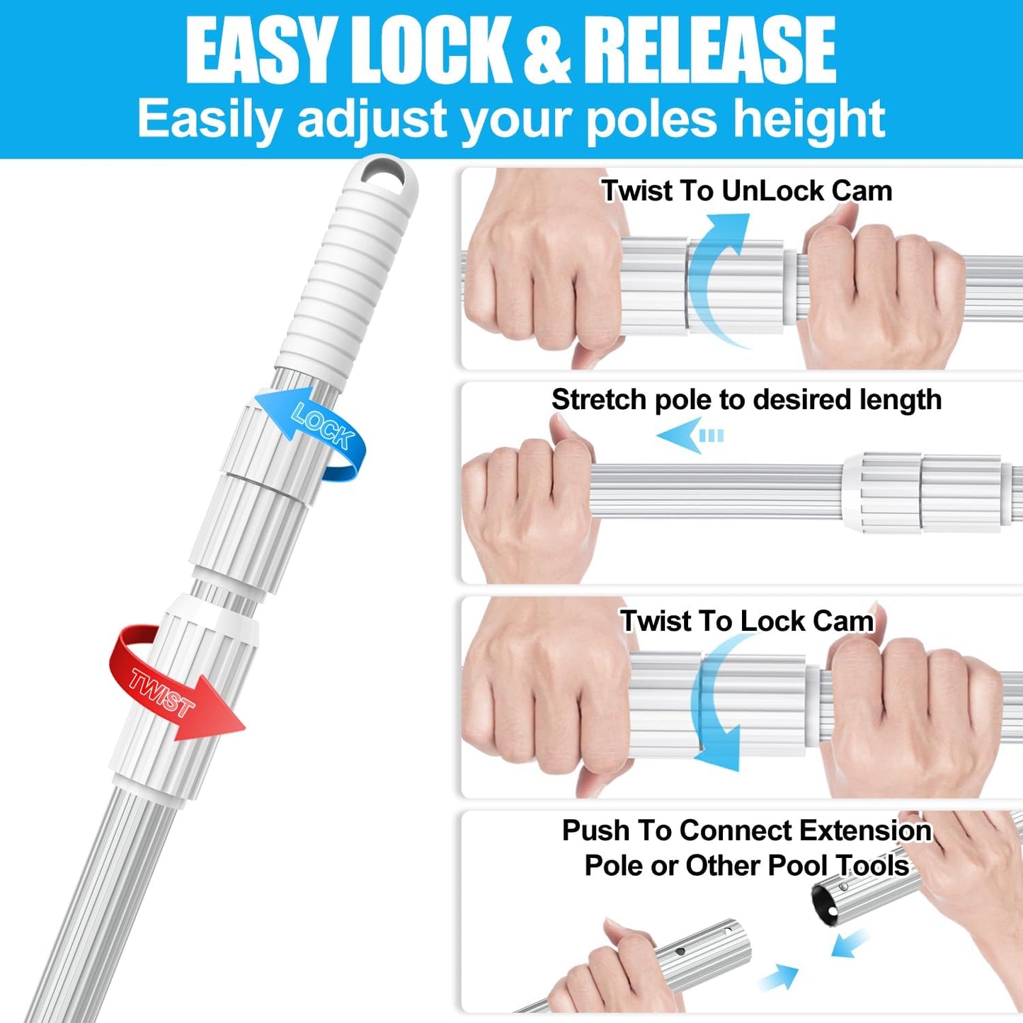 YEECHUN 15-Foot Telescopic Aluminum Swimming Pool Pole - Heavy Duty for Skimmer Nets & Brushes
