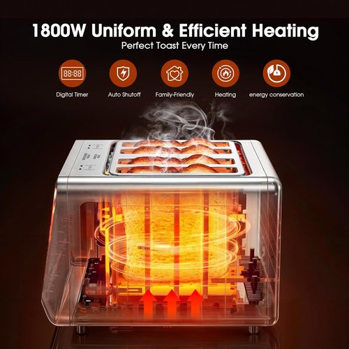 4 Slice Toaster - Dual Digital Touchscreen with Independent Control | 1800W Stainless Steel, Timer & 6 Toast Settings