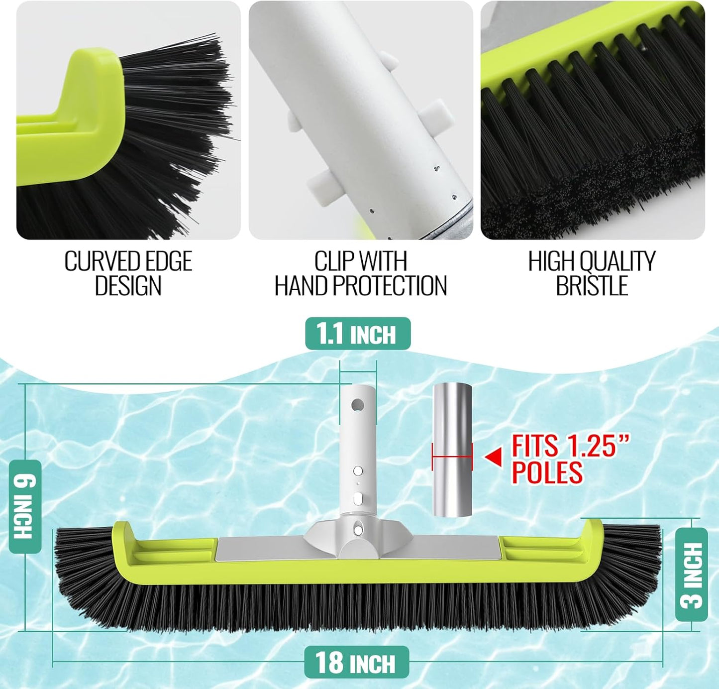 Pool Brush Head - 18” High-Efficiency Scrub Brush for Tile, Fiberglass & Vinyl Pools | Fits Φ1.25” Poles