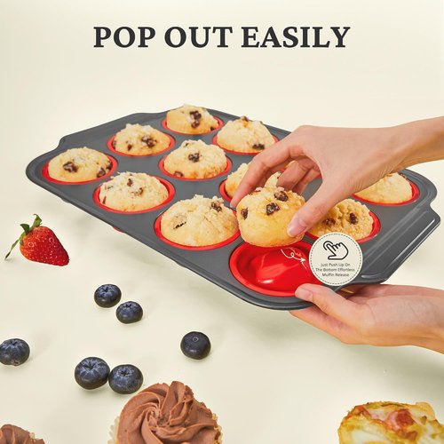 BRONYPRO Silicone Muffin Pans - Nonstick Egg Bite Molds & Cupcake Tins | 12 Regular Size, Red