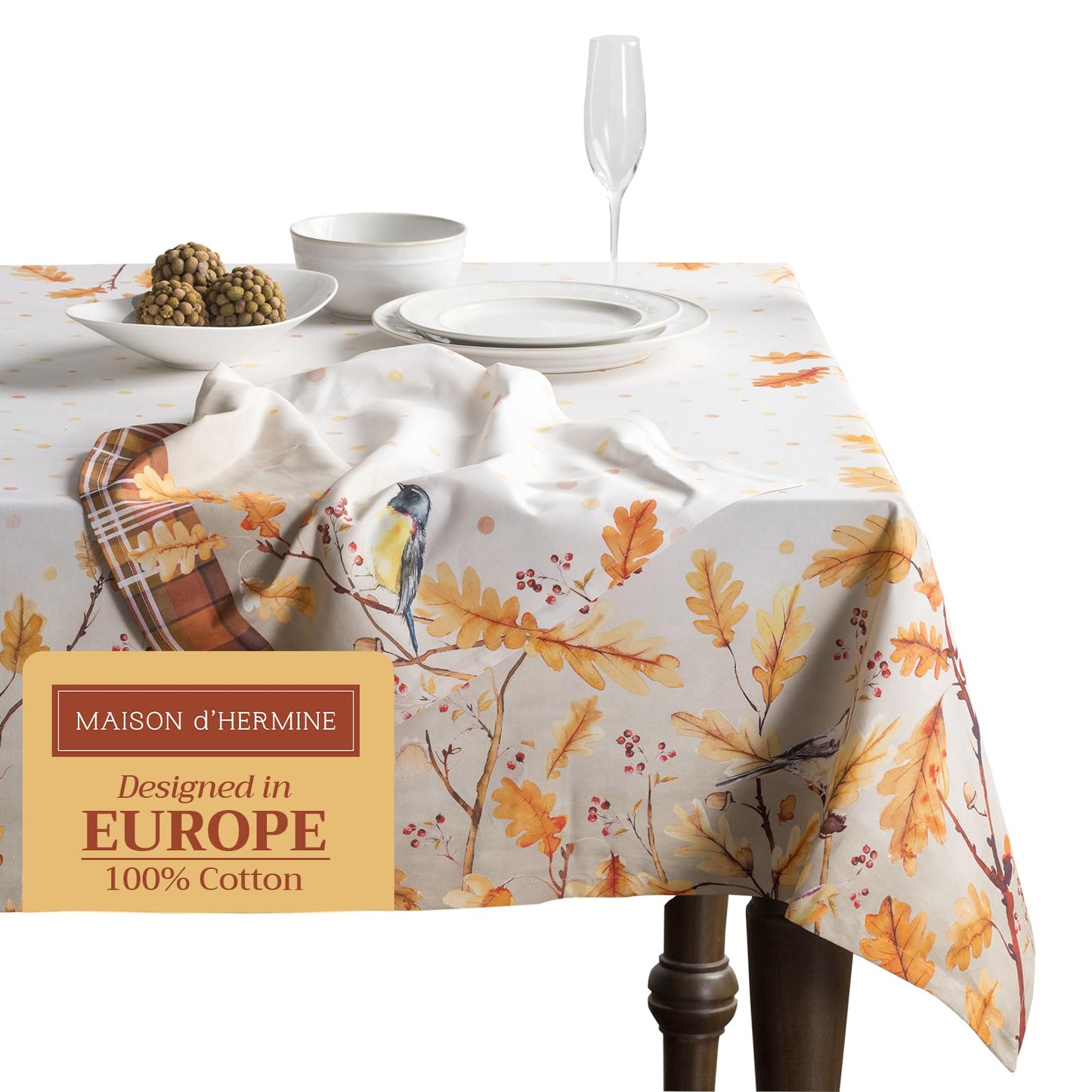 Maison d' Hermine Table Cloth Square Table 100% Cotton 60 x 60 Inches Fall Tablecloth Reusable Everyday Use for Thanksgiving Christmas Decorations Dining Farmhouse Party (Oak Leaves)