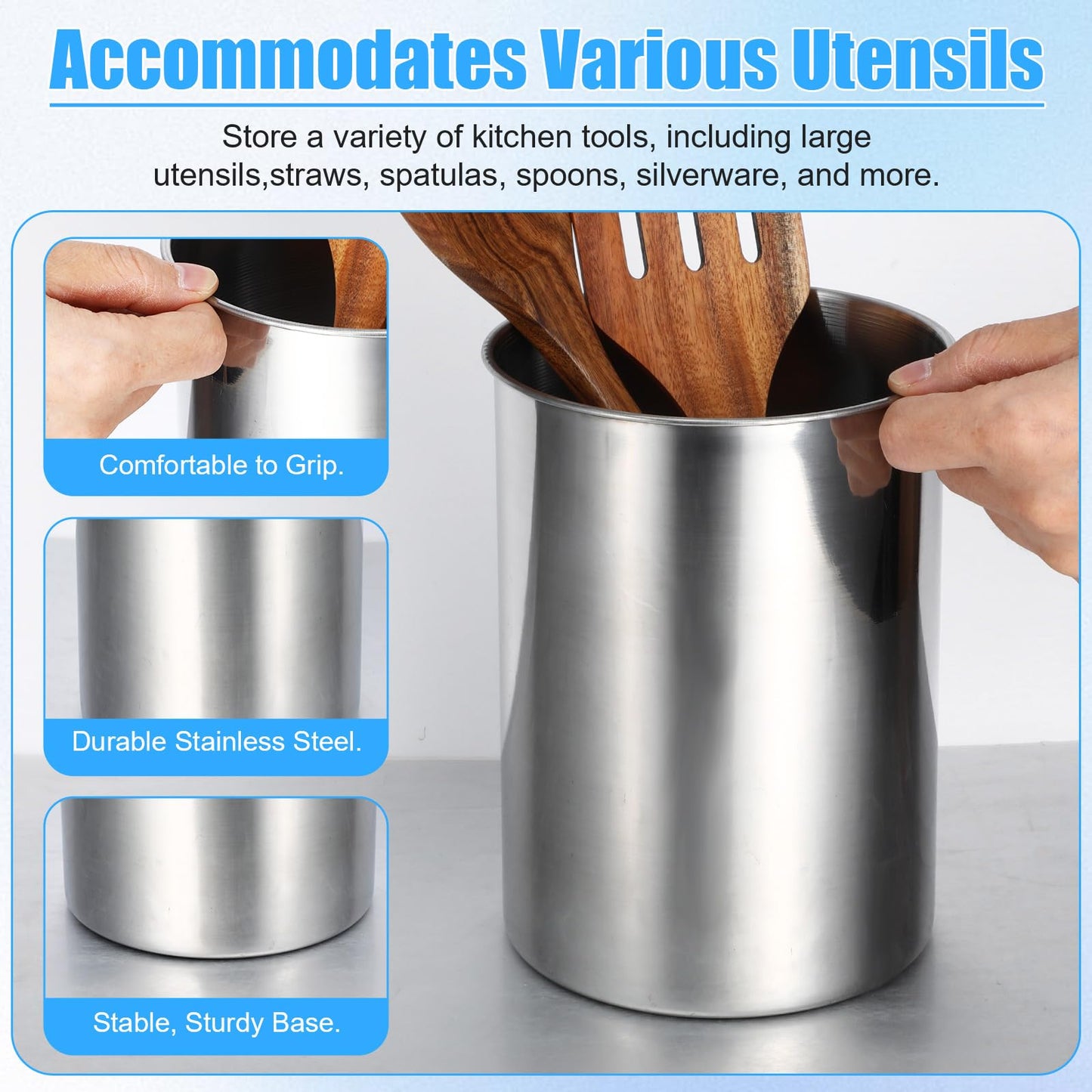 HOFURME 3 Pcs Cooking Utensil Holder for Kitchen Counter, 5.6 x 7.5 inch Metal Utensil Crock Stainless Steel Utensils Holder Container Canister Spatula Spoon Caddy Organizer (Silver)