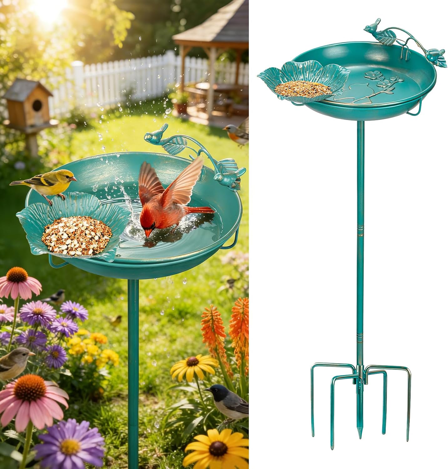 Mellbree Bird Bath - 12" Dia, 39" H Lake Blue Metal Birdbath with Gold Gilding | Freestanding Outdoor Decor