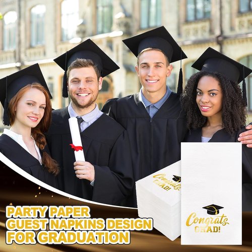 FYSUIMU Graduation Guest Napkins - 50 Pcs Gold Foil Congrats Grad Design | Disposable Dinner Paper Towels