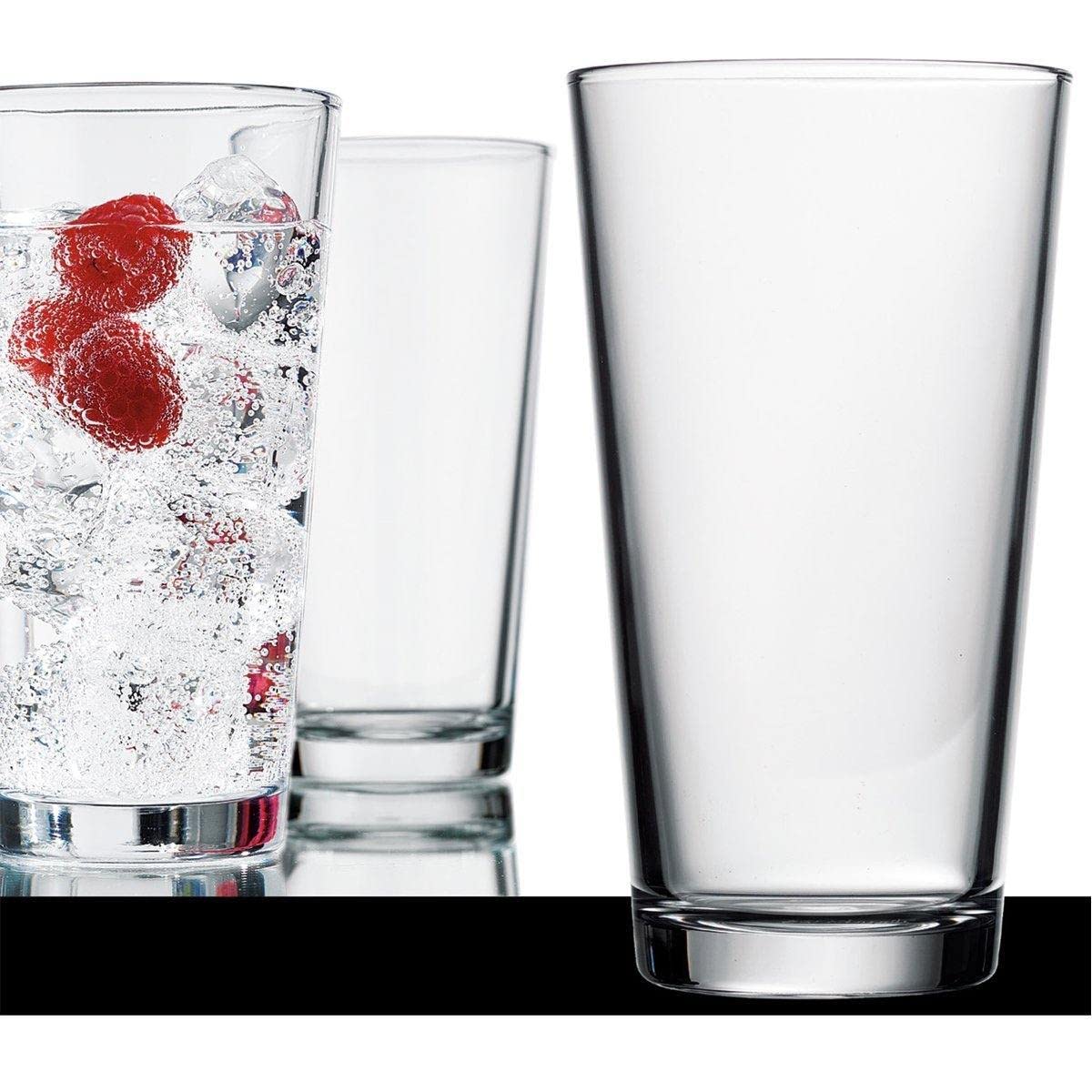 AMZ Empire 16 oz Pint Drinking Glasses Extra Strong - Stackable Highball Glass Cups Set of 4 Tempered Rim Clear Heavy Base, Case of 4 w/coasters