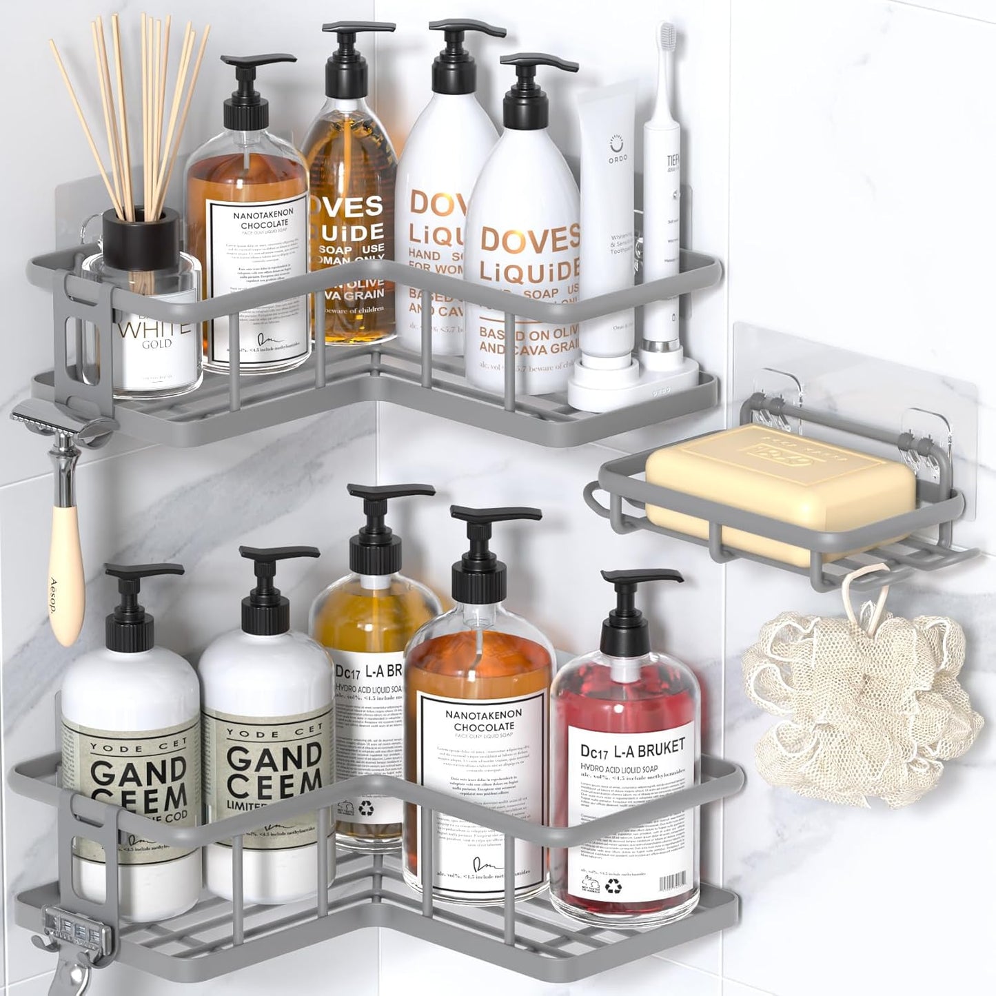 YASONIC Shower Caddy - 3-Pack Rustproof Stainless Steel Corner Shelves with Soap Holder | No Drilling, Grey