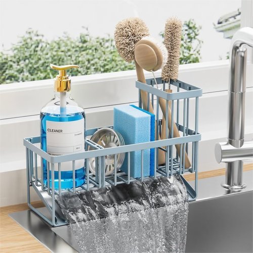 Cisily Sink Caddy Organizer - Rustproof 304 Stainless Steel with Brush & Sponge Holder | Gray Blue