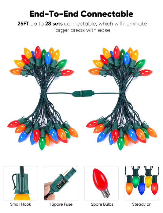 Vintage C9 LED Christmas Lights Outdoor, 25FT Multicolor Christmas String Lights with 26 Colorful Bulbs, Connectable Waterproof Lights for Christmas Tree Roofline Garden Patio Backyard Decoration