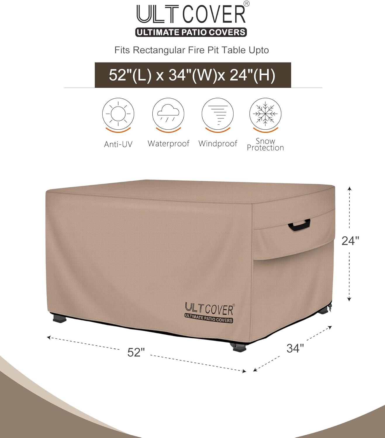 ULTCOVER Rectangular Fire Pit Table Cover - 52x34 Inch Waterproof & Heavy Duty Protection
