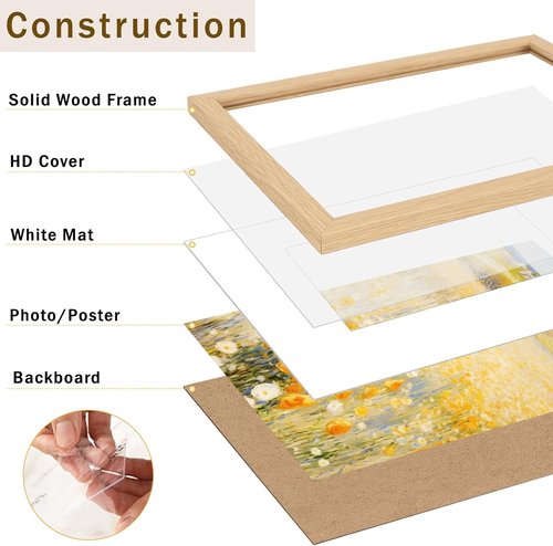 JCJMY 8x12 Solid Wood Picture Frame - Display 6x8 with Mat or 8x12 Without Mat, Natural Finish