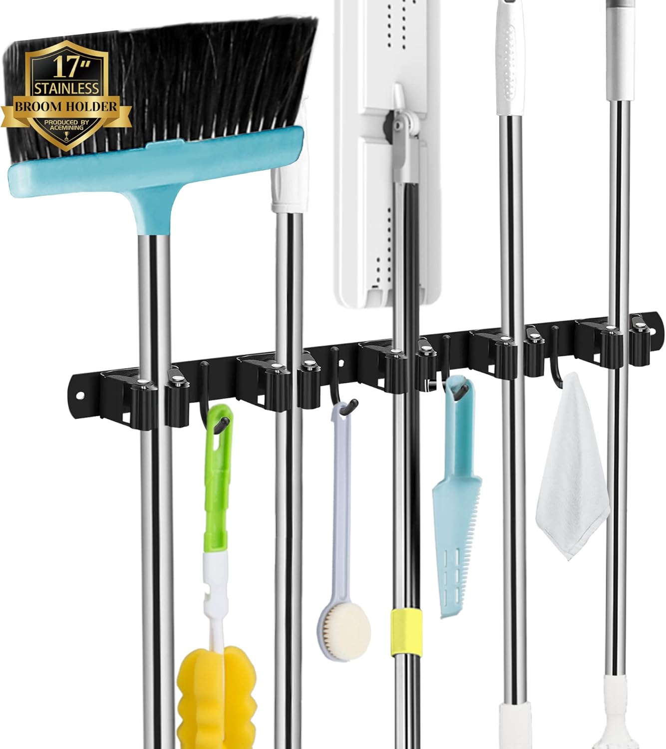 Skiennix Wall Mounted Broom and Mop Holder - Heavy Duty 5 Racks & 4 Hooks | Stainless Steel, Black