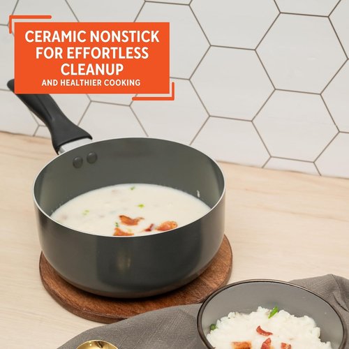IMUSA Gray Ceramic Saucepan - 1.5 Qt Nonstick Pot with Glass Lid & Cool-Touch Handle for Sauces, Soups, Stews
