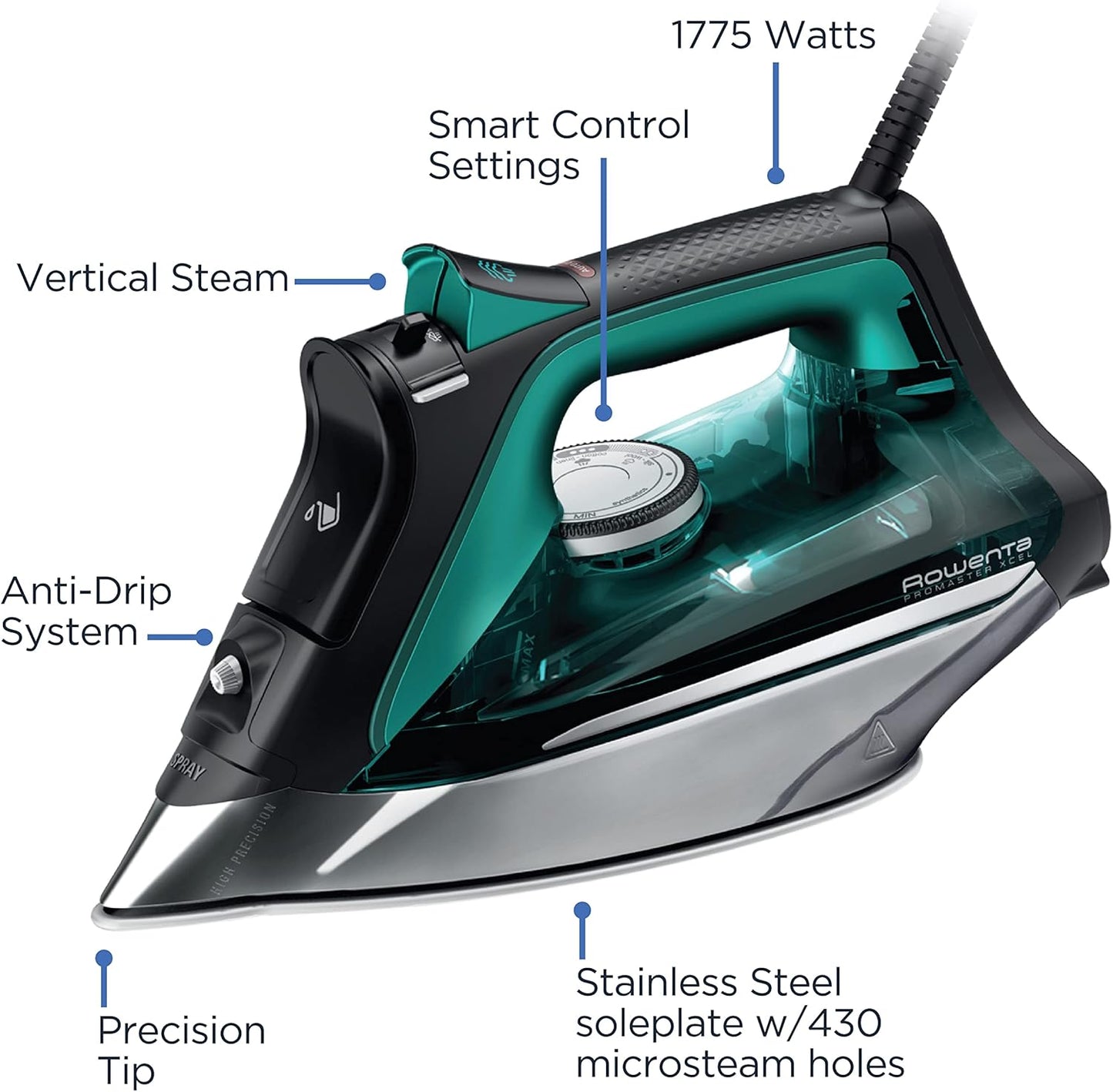 Rowenta Pro Master Steam Iron - Stainless Steel Soleplate, 210 g/min, 400 Microsteam Holes, 1775 Watts