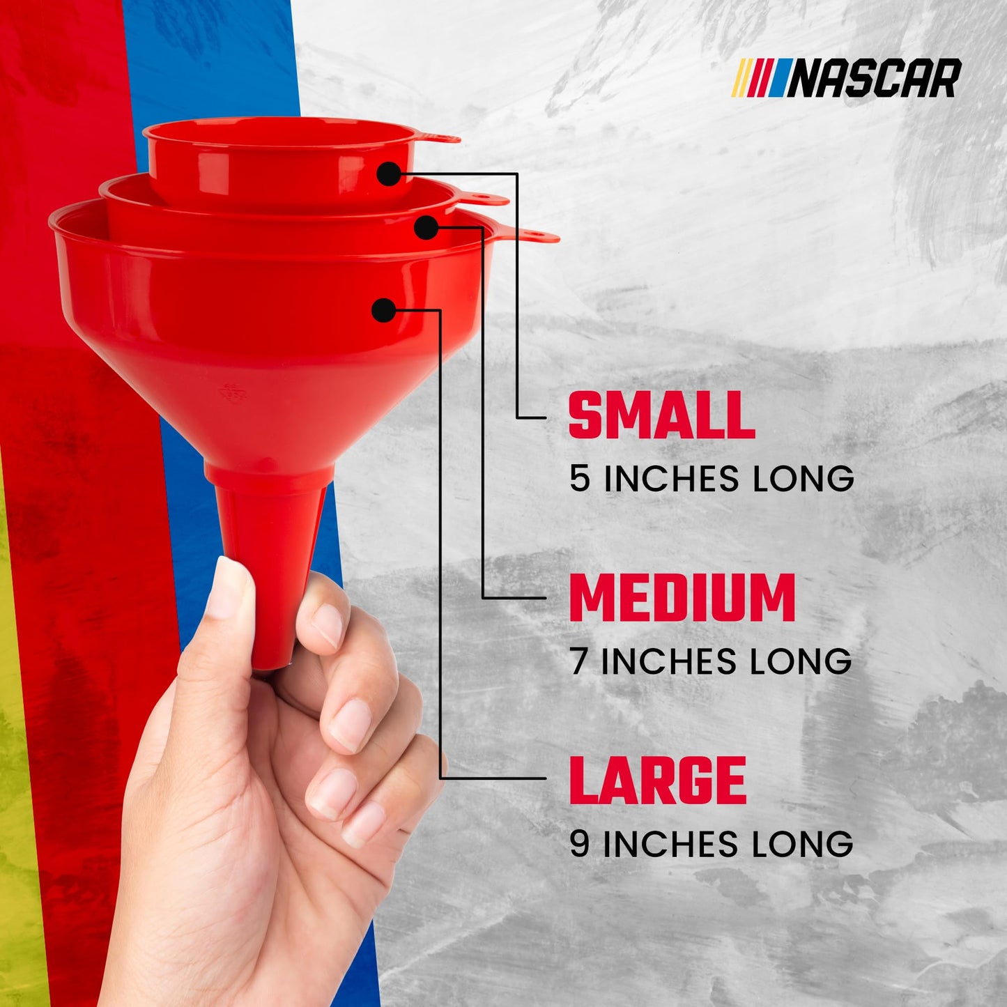 NASCAR Automotive Funnel Set – Oil, Gas & Fluid Funnels for Cars & Trucks | Durable, Lightweight, & Versatile | Includes 3 Sizes: Small, Medium, Large | Multi-Purpose Use for Oil Changes, Fuel, & More