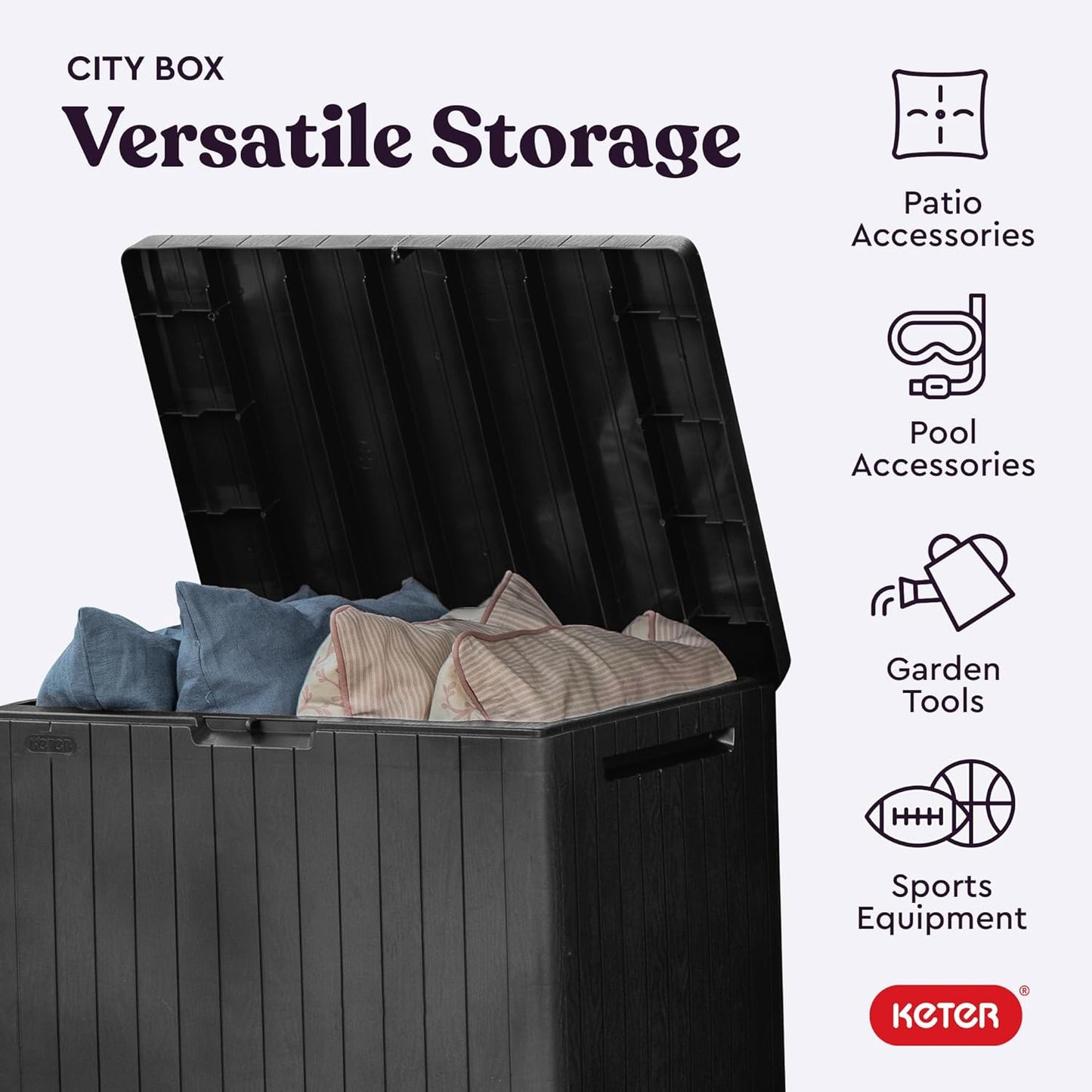 Keter City 30 Gallon Resin Outdoor Storage Box - Stylish Patio Furniture & Garden Accessory | Dark Grey