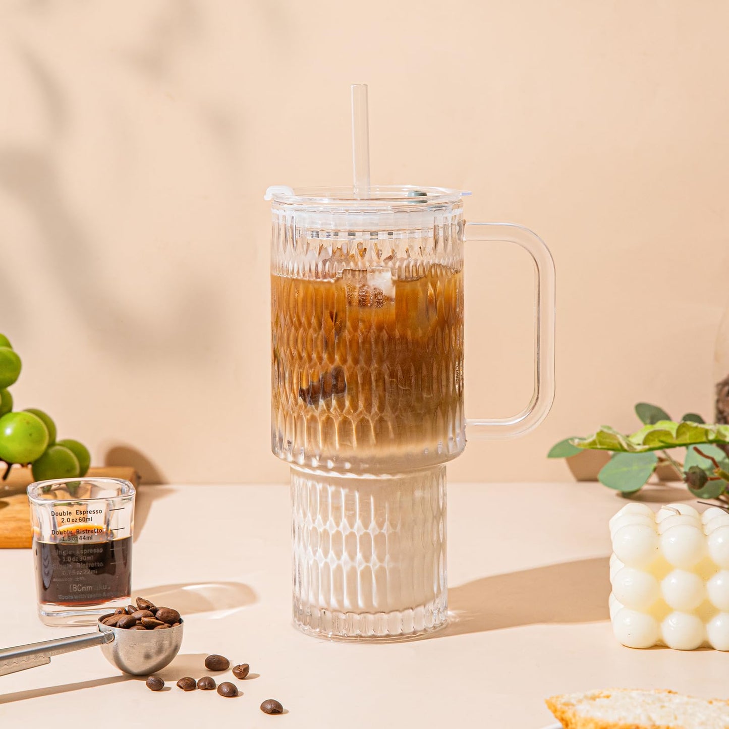 SoulTimes 26oz Raindrop Glass Tumbler with Handle - Set of 2, Reusable Iced Coffee Cup, Glass Cup with Lid and Straw for Smoothies, Juice, Coffee, Tea, Milk & More