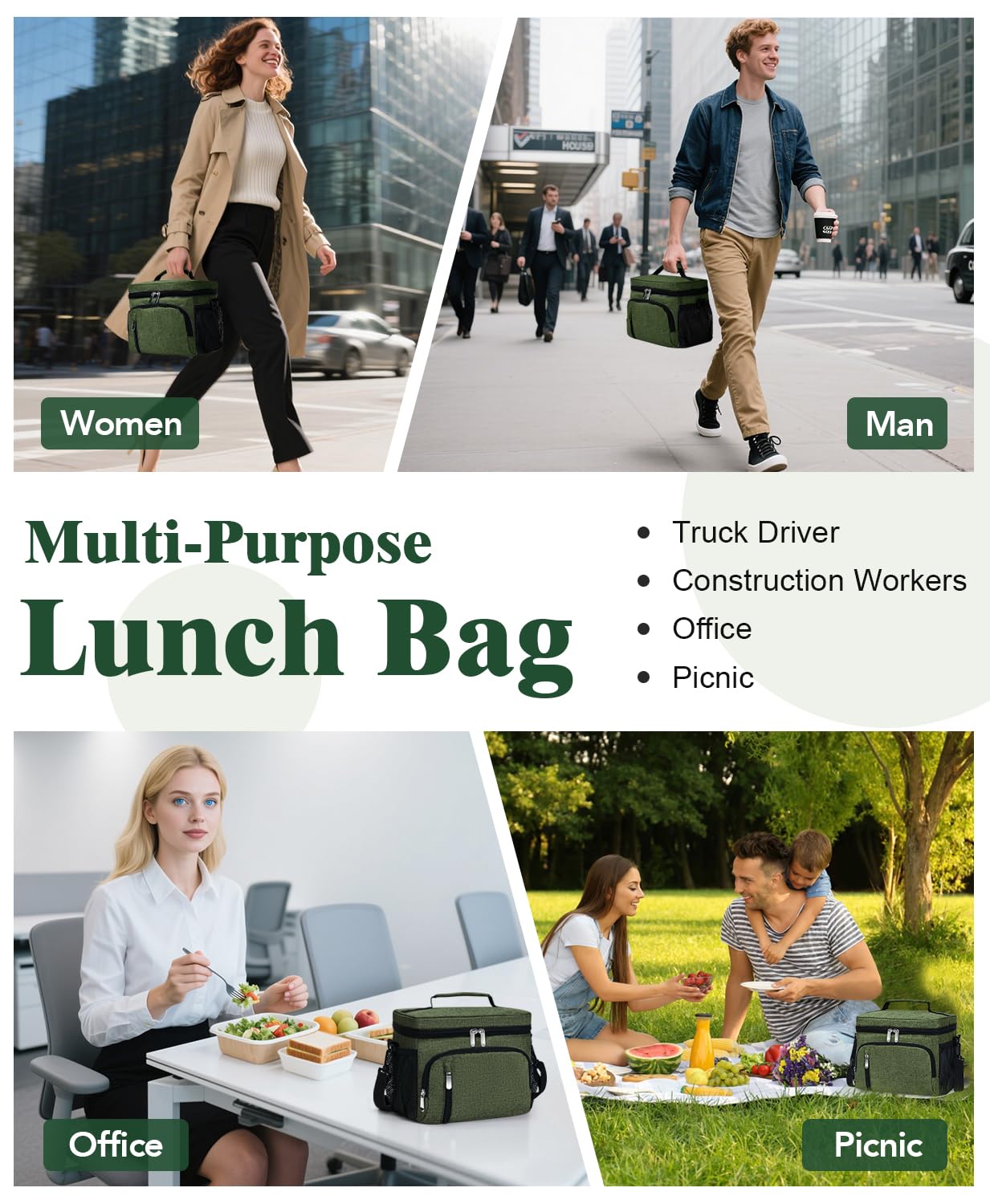 MIAOJIE Insulated Lunch Bag for Men & Women, 9L Leakproof Lunch Box Soft Cooler Tote with 5 Pockets, 600D Oxford, EVA Lining, Adjustable Strap for Work, Picnic, Beach&Travel-Green