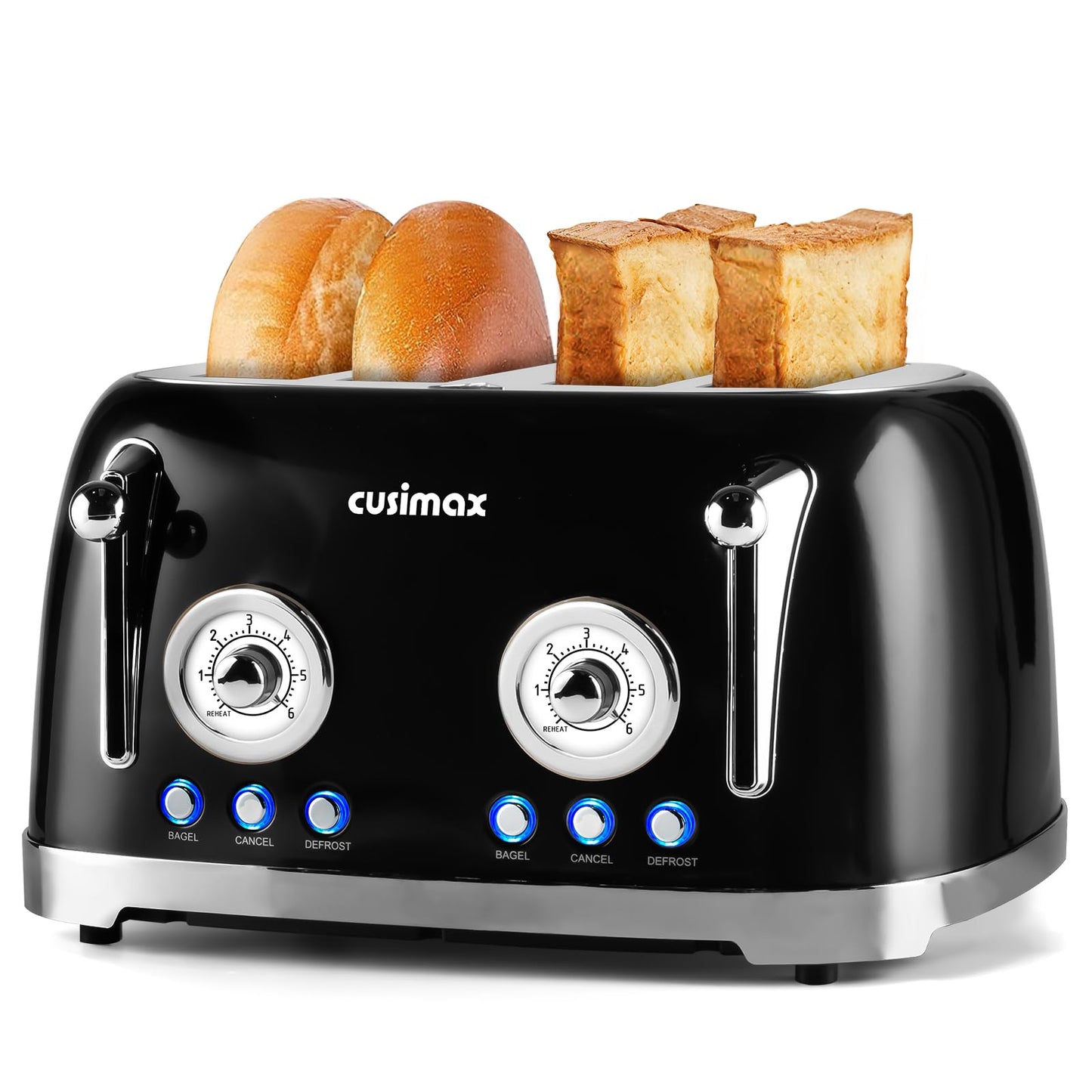 CUSIMAX Toaster 4 Slice, Retro Toaster with Wide Slots for Bagels, Stainless Steel with 6 Toast Settings, Bagel, Cancel, Defrost & Reheat Functions, Dual Independent Control Panels, Black