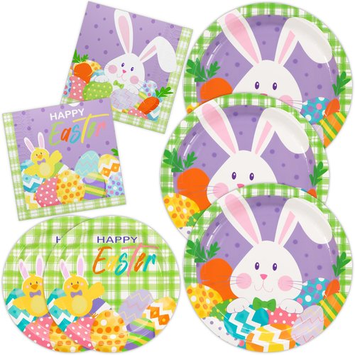 DYLIVeS Easter Party Plates Napkins, 150 Pcs Set 9" Paper Dinner Plates, 7" Dessert Plate, 6.5" Luncheon Napkins Bunny Colorful Eggs Disposable Tableware Set Kids Easter Party Decorations Serves 50