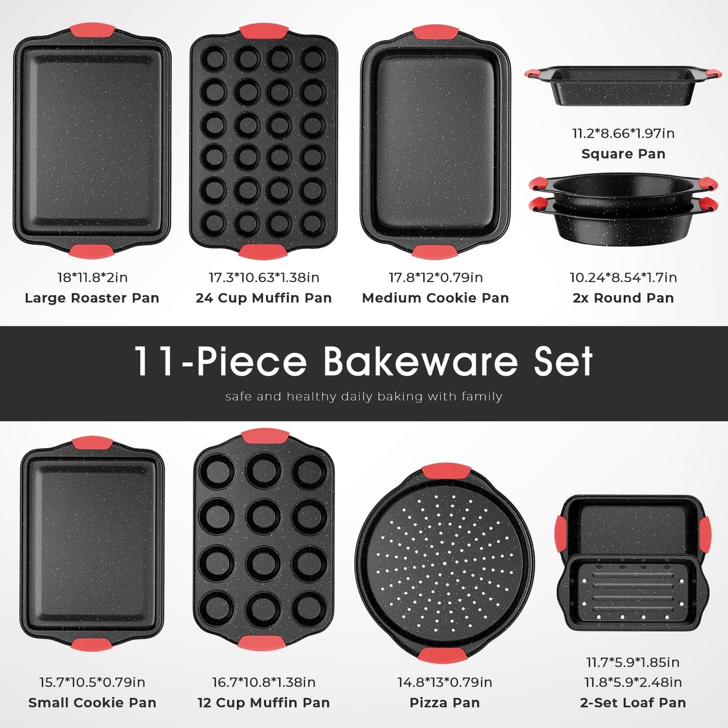 Skiennix 11-Piece Nonstick Baking Pans Set - Toxin-Free Bakeware with Silicone Handles | Red & Black