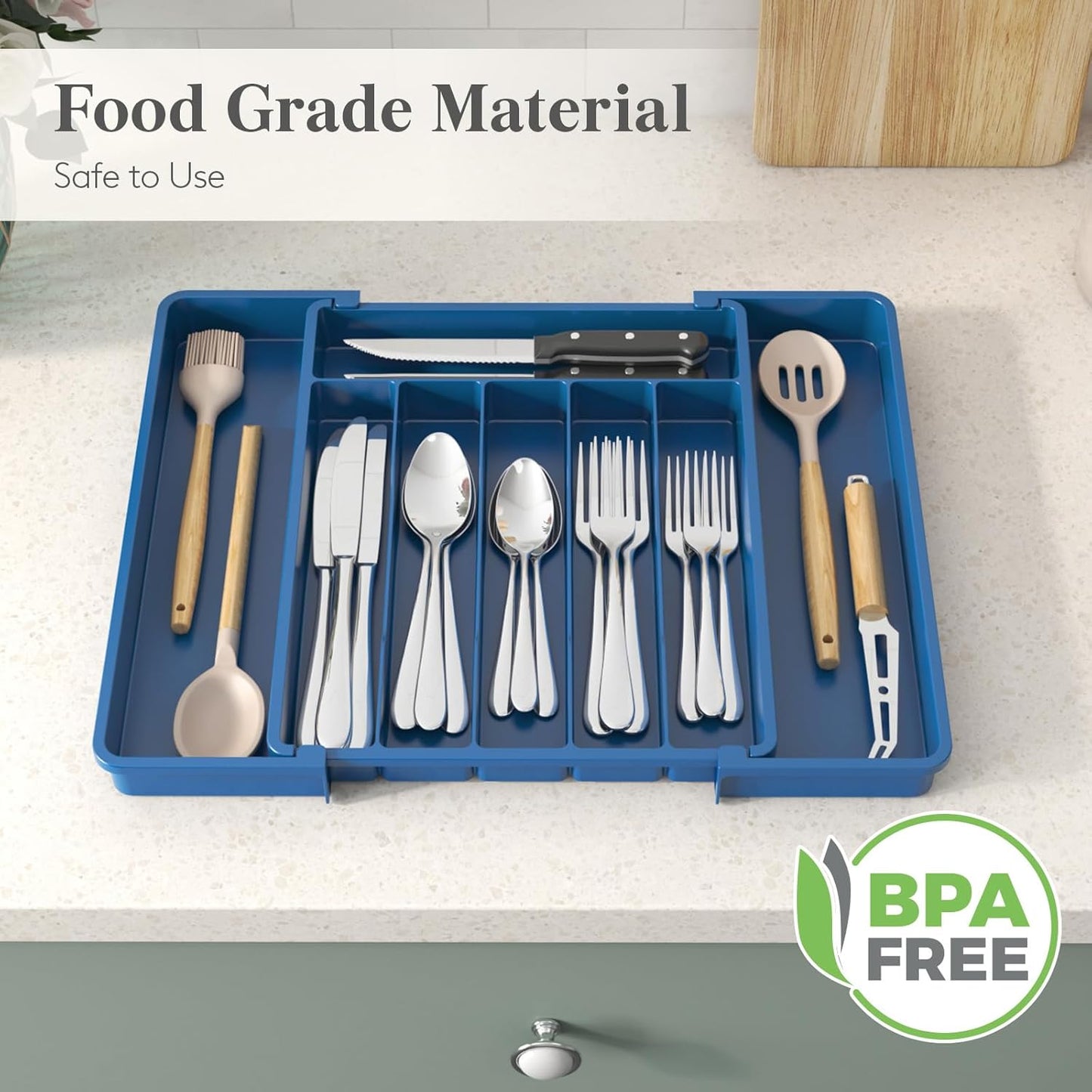 Lifewit Expandable Silverware Drawer Organizer - BPA-Free Utensil Tray for Kitchen | Adjustable 10.9"-17.5" x 13.7" - Dark Blue