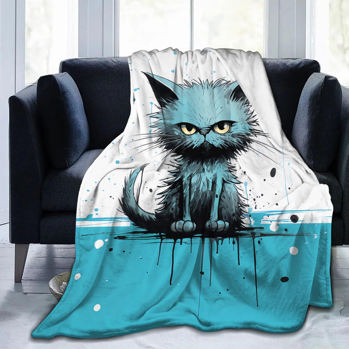 SARA NELL Cute Angry Cat Blue and White Splash Design Flannel Throw Blanket, Soft Plush Cat Gifts for Girls Boys, Kids Funny Animal Print Birthday Ideas, 40 in x 50 in