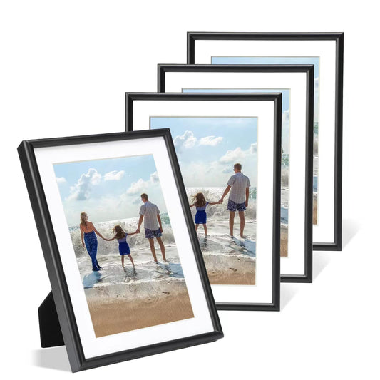 Fkvat 4x6 Picture Frame Set of 4, Matted Black Simple Modern Brushed Thin Aluminum Metal Photo Frame Fits 3x5 with Mat or 4 x 6 without Mat Vertical and Horizontal for Tabletop and Wall Mounting