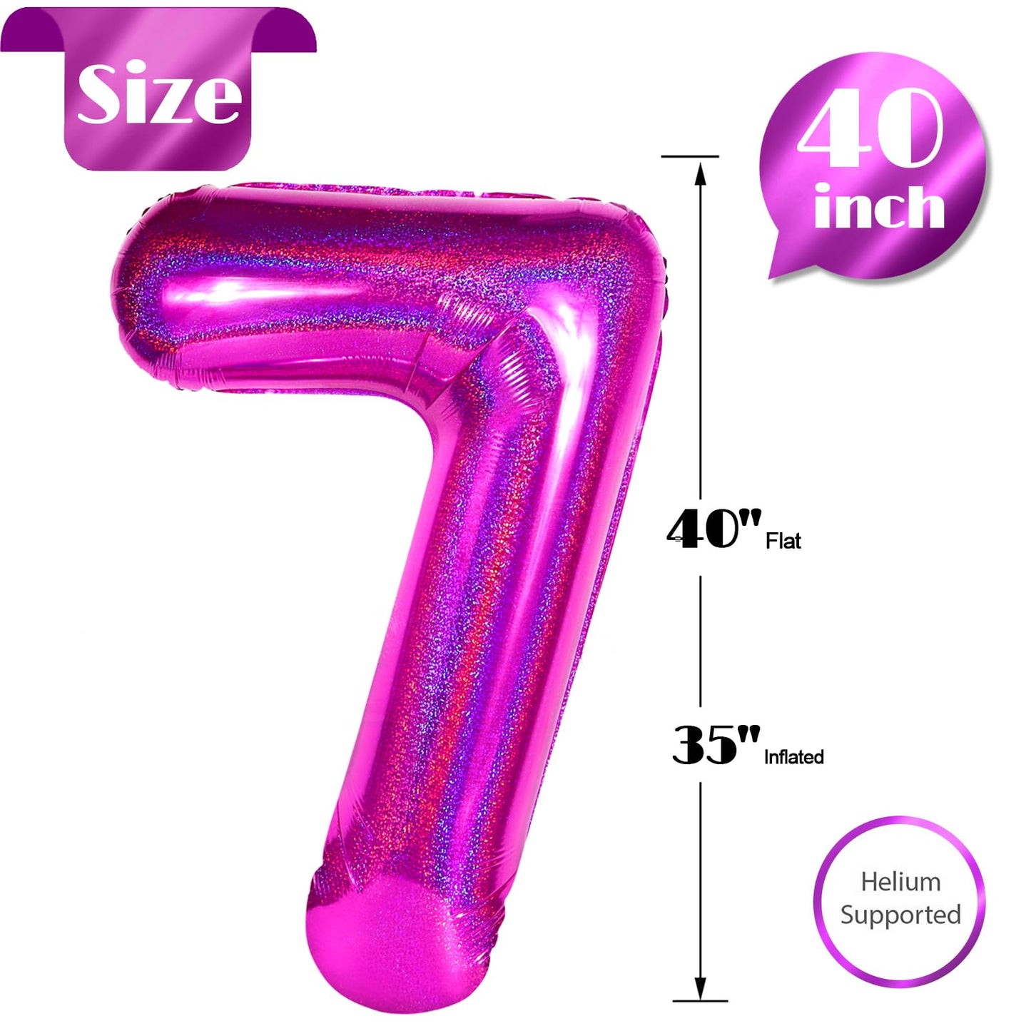 Laser Hot Pink 7 Balloon, Number Balloons 40 Inch, 7th Birthday Decorations for Girls Kids, Party Decoration for Women, Number 7 Balloon