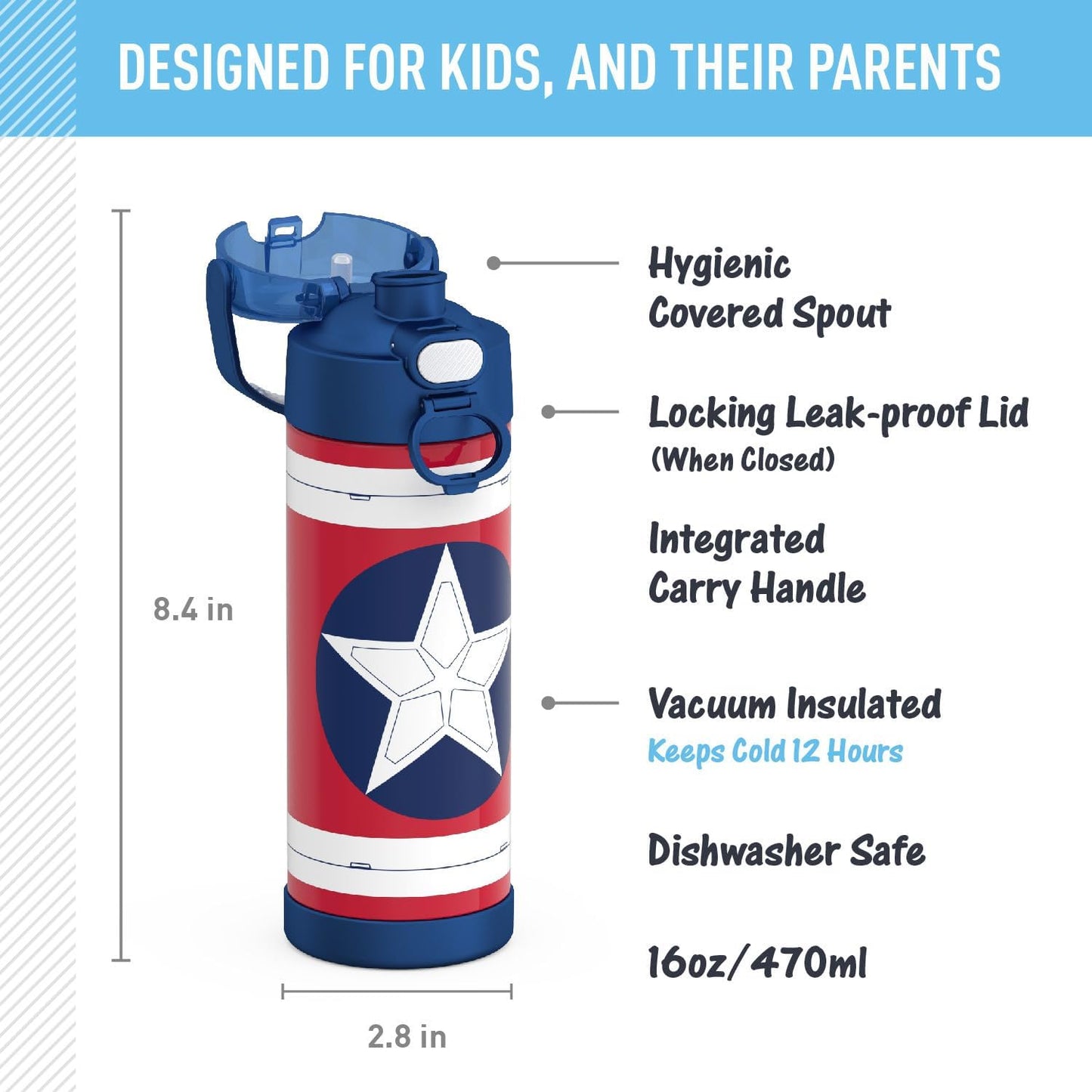 THERMOS FUNTAINER 16 Ounce Stainless Steel Vacuum Insulated Bottle - Wide Spout Lid, Captain America Design