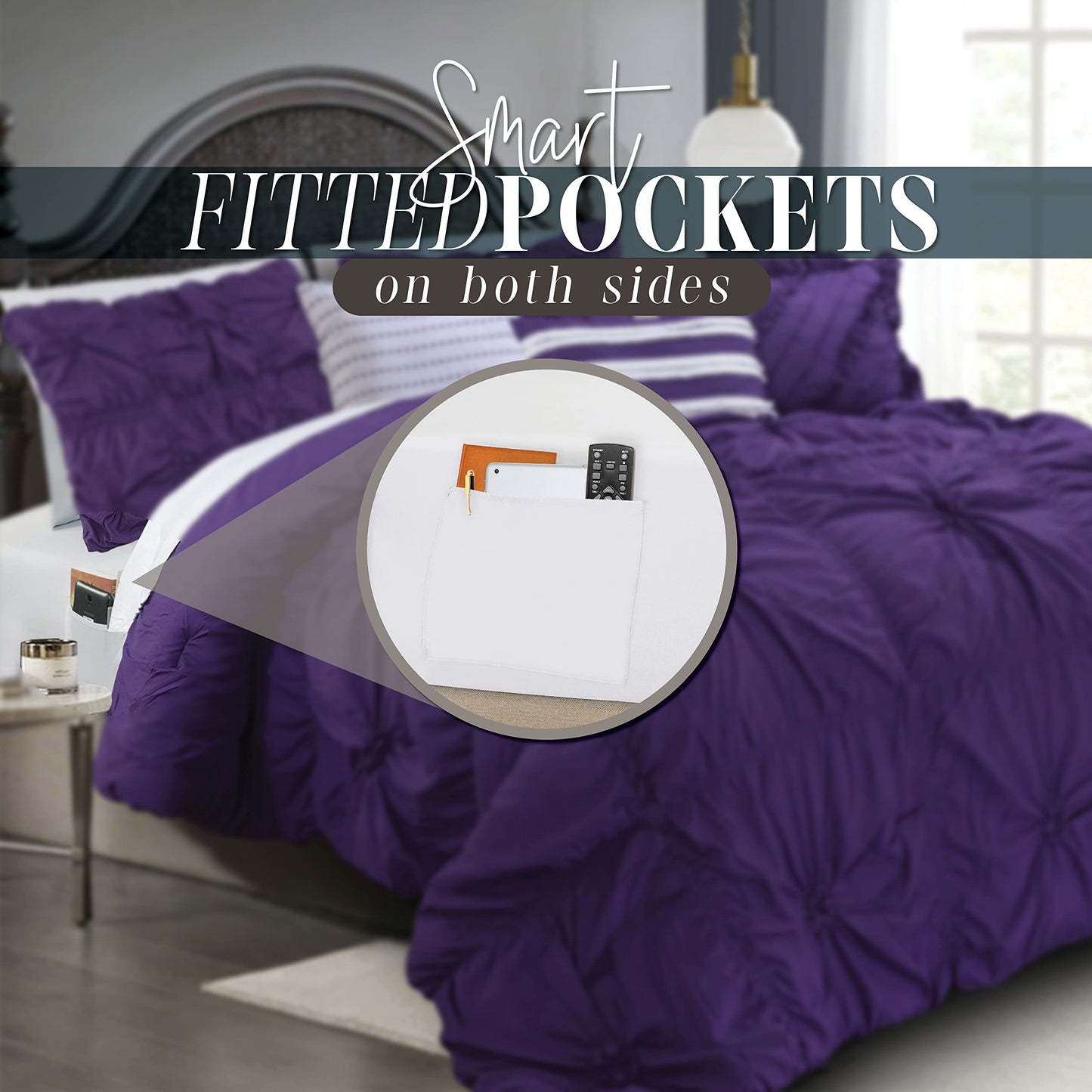 Elegant Comfort Amy 12-Piece Oversized Comforter, Bed-in-a-Bag Including 6-Piece Sheet Set Featuring Smart Pockets and Matching Decorative Pillows, Amy 12PC Oversized Comforter, Cali King, Purple