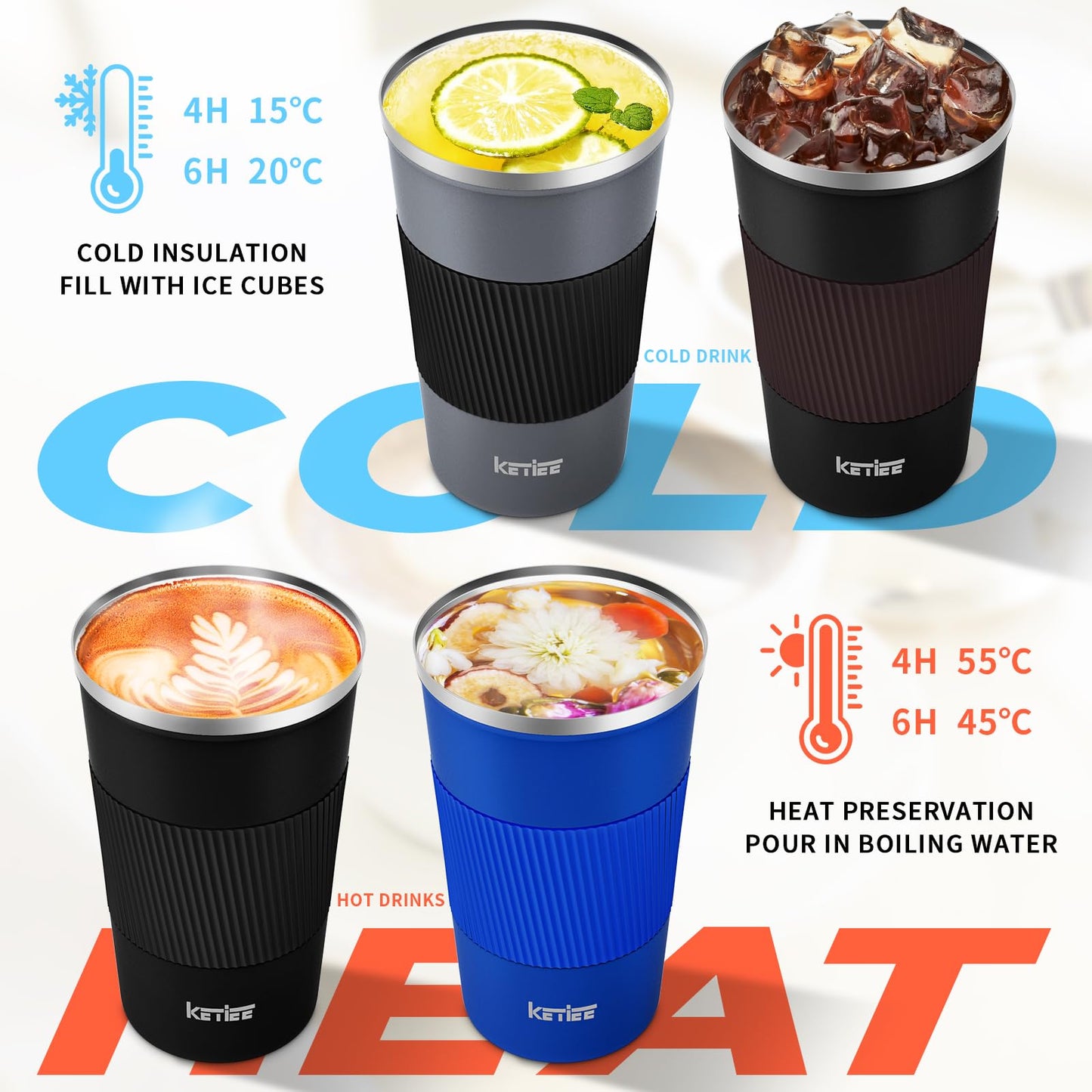 KETIEE Travel Coffee Mug Spill Proof 12oz, Insulated Reusable Coffee Cups with Seal Lid, Vacuum Stainless Steel Travel Mug to Go Car Tumbler for Hot/Iced Drinks (Grey)