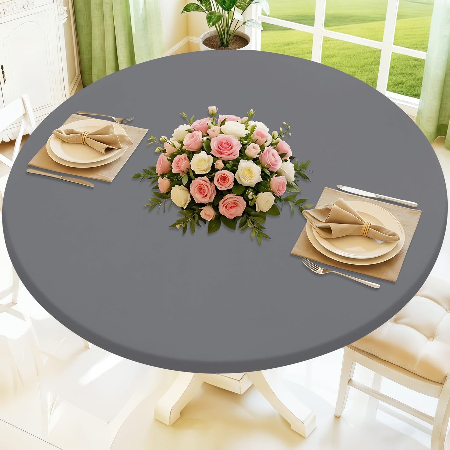 Moosfor Round Spandex Tablecloth, Elastic Fitted Waterproof Tablecloths for 18"-24" Tables, Stretch Washable Picnic Table Cover for Camping, Dining, Indoor and Outdoor, Grey