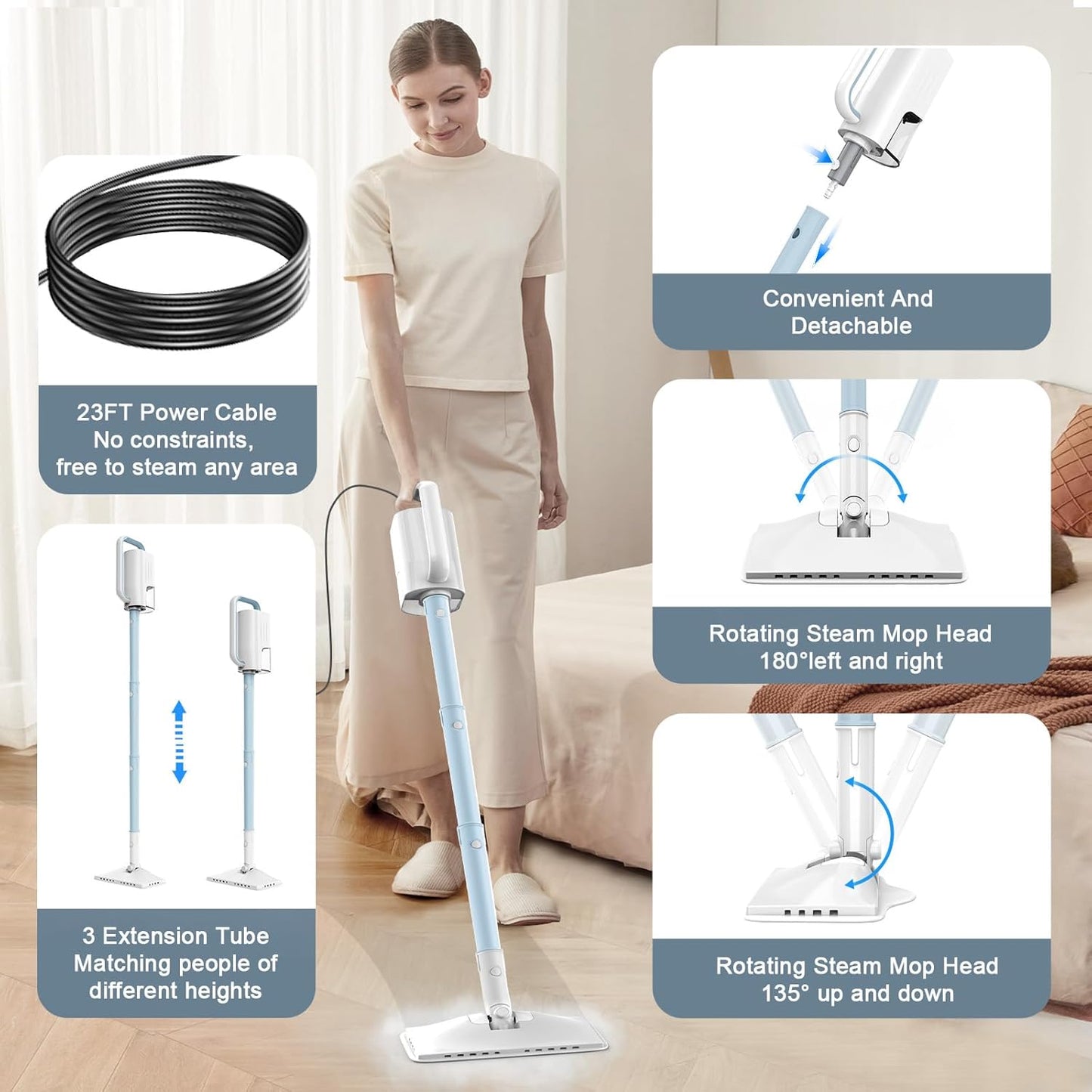 Skiennix 6-in-1 Steam Mop Cleaner - Versatile 2 Modes, 400ML Tank, 23FT Power Cable | Azure Color