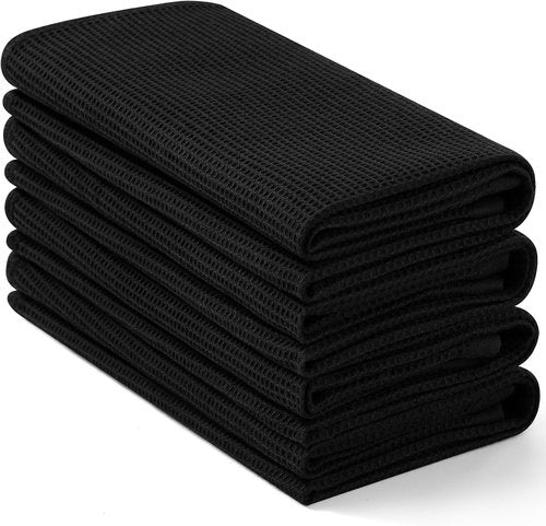 Homaxy 100% Cotton Waffle Weave Kitchen Towels - Soft, Absorbent 4-Pack | Quick-Dry 16 x 26 Inches - Black