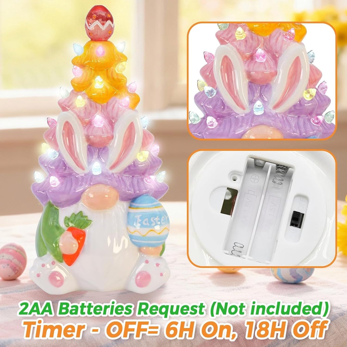 Timer Easter Decorations - Light Up Bunny & Gnome Ceramic Tree Decor for Spring Centerpieces