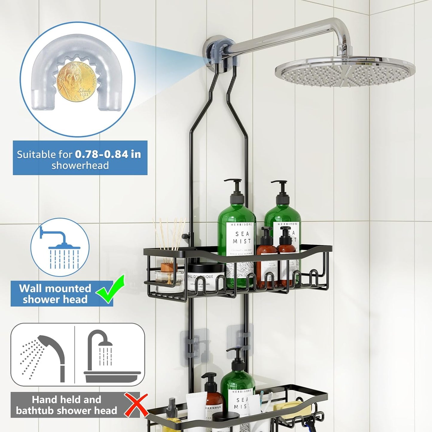 Skiennix Shower Organizer - Upgraded Extended Length Rustproof Shampoo & Soap Holder | Large Hanging Caddy