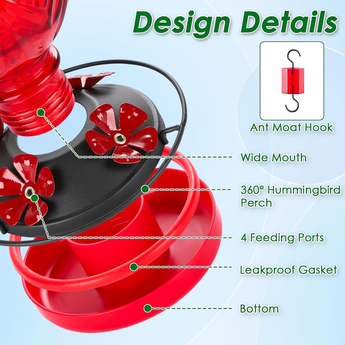 Skiennix Glass Hummingbird Feeder - 20oz Outdoor Nectar Feeder with 4 Flower Ports & Ant Moat, Red