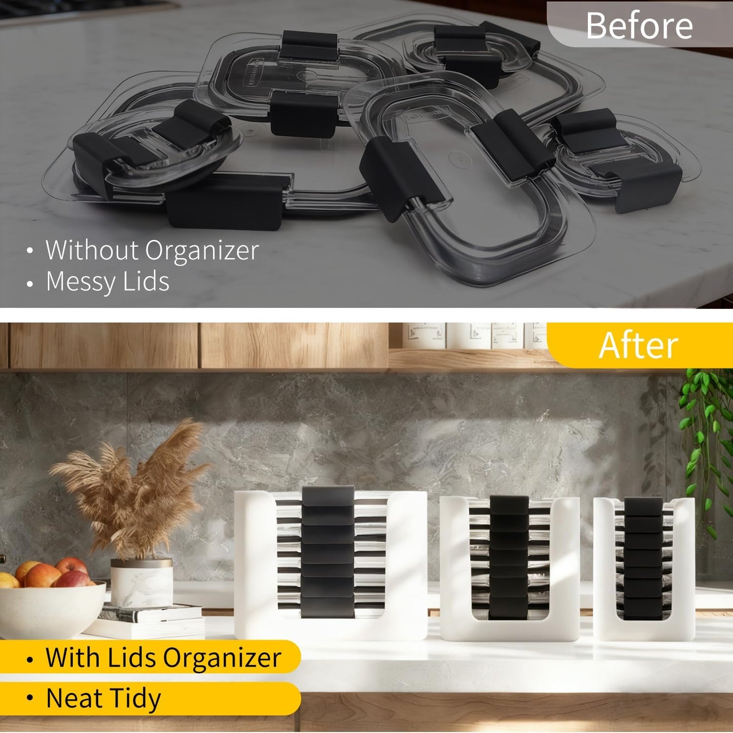 Rubbermaid Brilliance Food Container Lid Organizer - 3-Piece Set Holds 24 Lids for 4.7, 3.2, 1.3 & 0.5 Cup Containers (White)