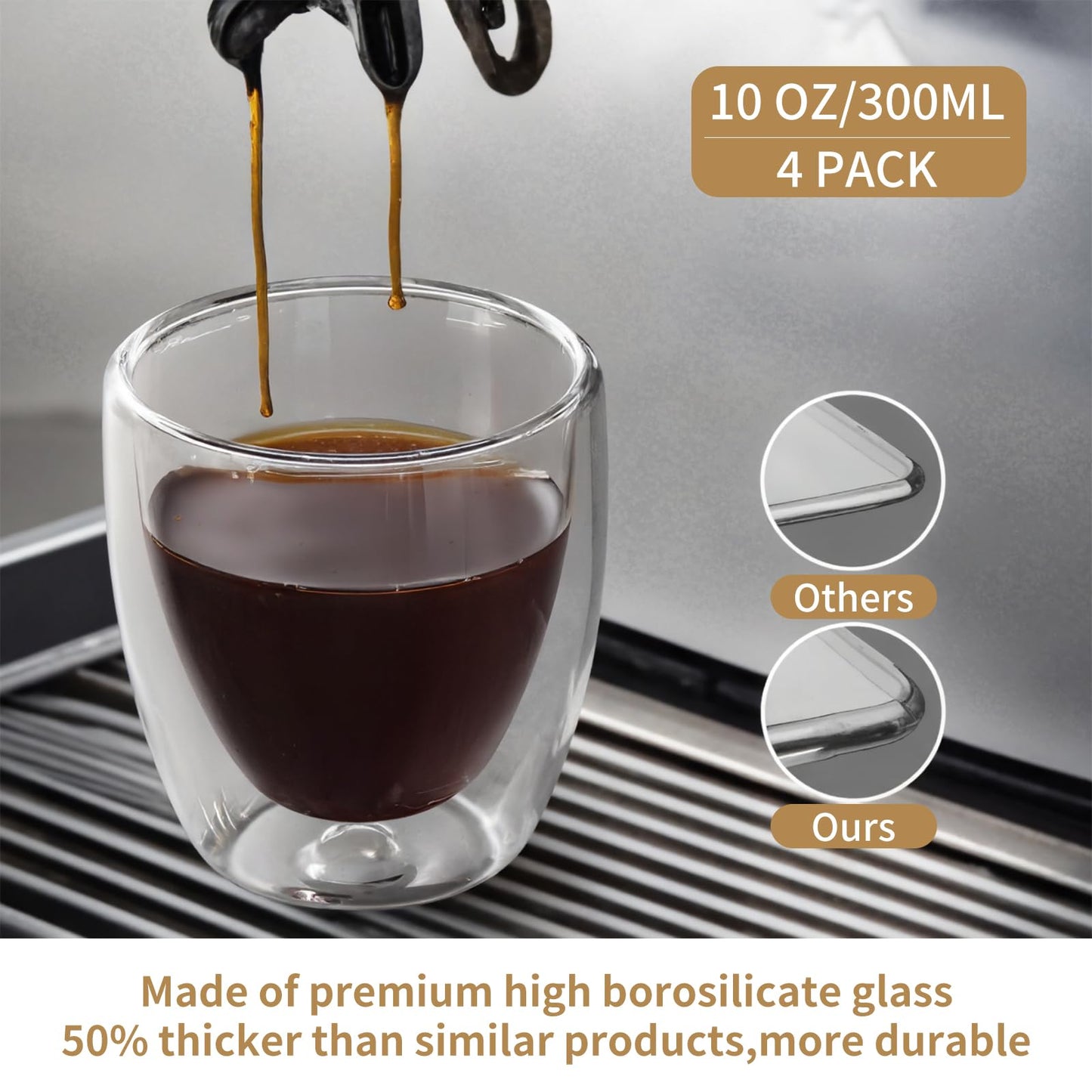 10oz Double Wall Espresso Cups Set of 4, Clear Expresso Shots Cup, Double Wall Insulated Espresso Mugs, 300 ML Tazas de Cafe Expreso, Microwave Dishwasher Safe,Suit for Espresso Machine