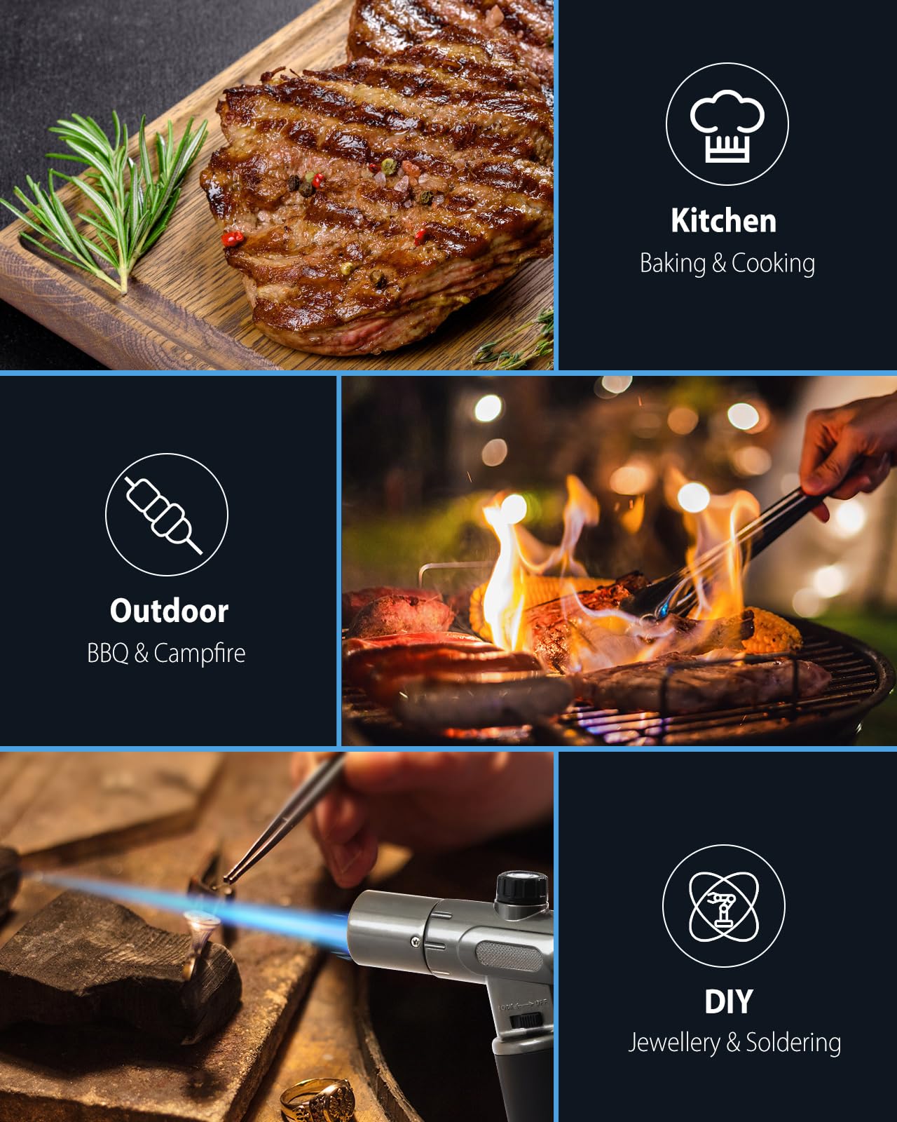 RONXS Torch Lighter, Refillable Kitchen Butane Torch, Cooking Torch with Safety Lock and Adjustable Single/Dual Flame for Creme Brulee, BBQ, Baking, Crafts and Soldering (Butane Gas Not Included)