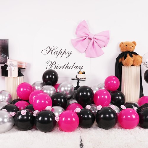Black and Hot Pink Balloons, 60pcs 12Inch Black and Hot Pink Balloons,Metal Silver and Confetti Balloon for Girl Boy Birthday Party Baby Shower Wedding Gender Reveal Decorations