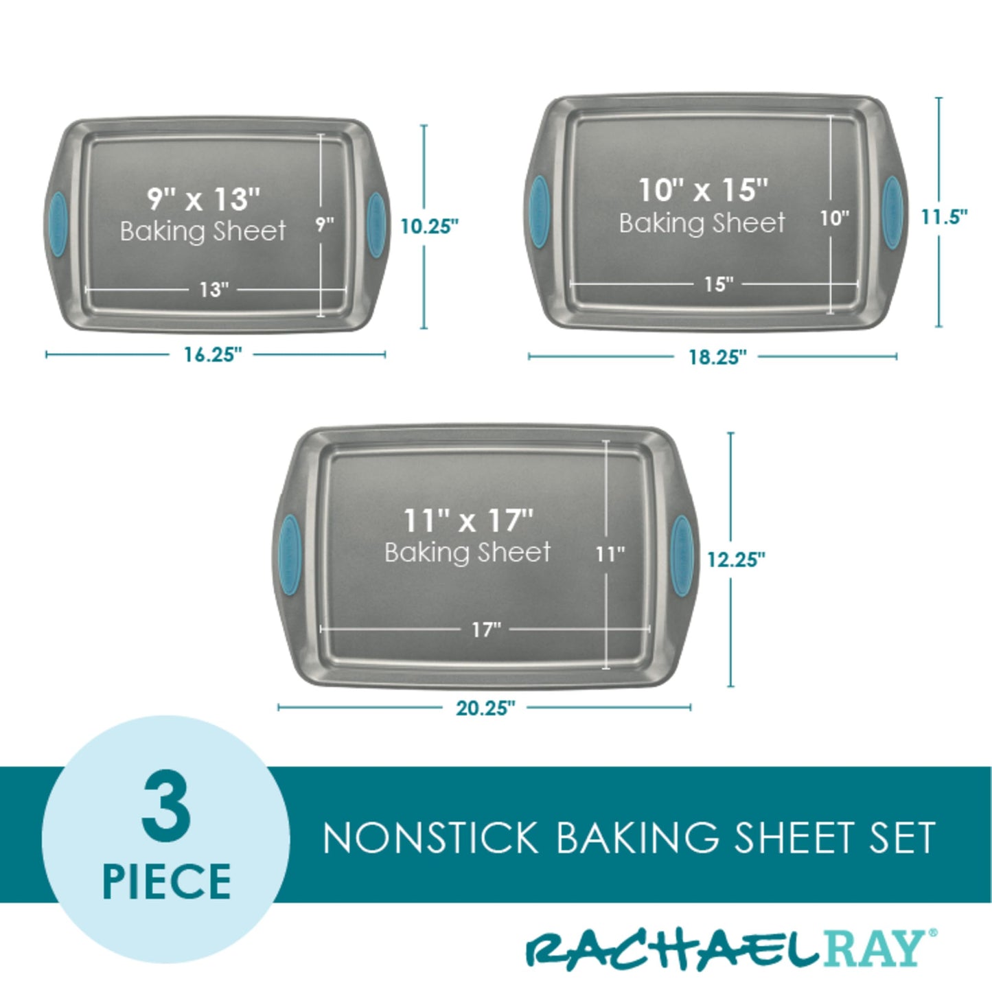 Rachael Ray Bakeware Nonstick Cookie Pan Set, 3-Piece, Gray with Agave Blue Grips