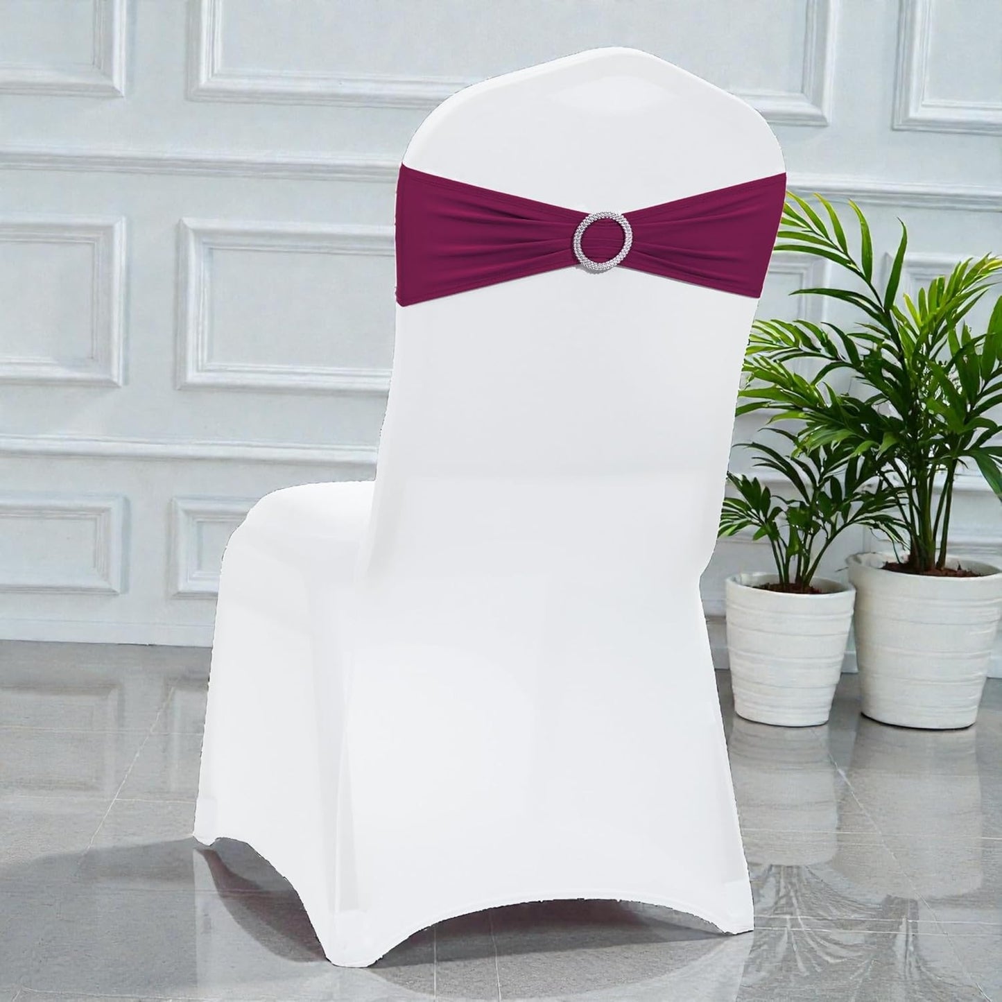 MDS Spandex Chair Sashes - Pack of 150 Elastic Stretch Bows with Buckle Slider for Wedding Decor - Eggplant