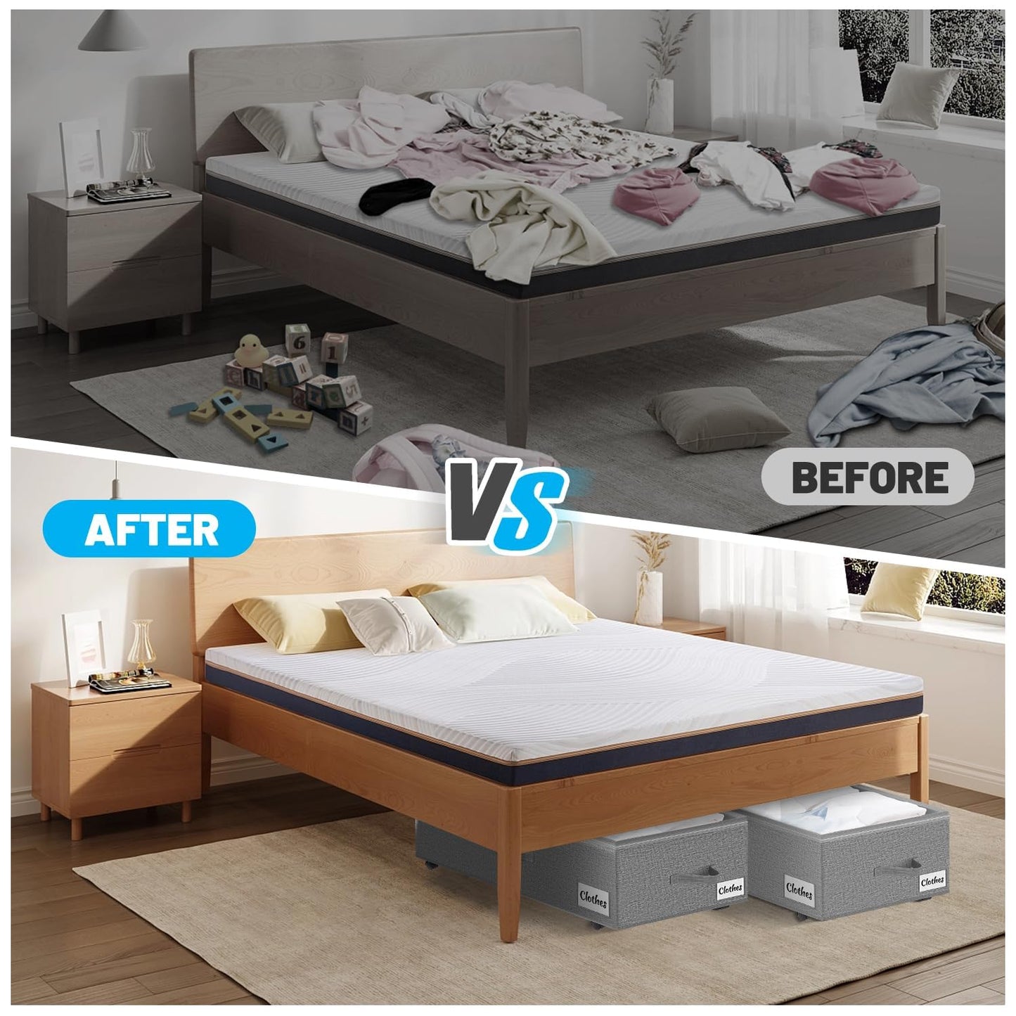 Under Bed Storage with Wheels, 2-Pack 10" Height XXL 75L Rolling Storage Bins, Quick Assembly Underbed Shoe Storage Containers with Clear Lid & Label, Dorm Under Bed Drawers for Clothes, Shoes, Black