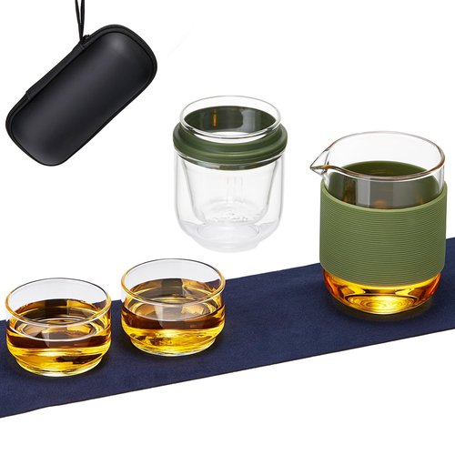 DOPUDO Glass Tea Set, Portable Small Gongfu Teapot with 1 Infuser, 2 Cups and 1 Master Mug, All in One Water Resistant Case for Travel, Business Trip, Hotel