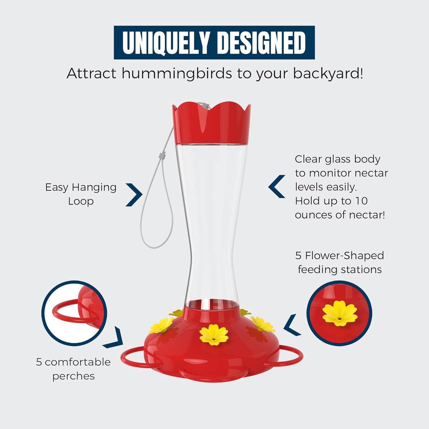 MEKKAPRO Glass Hummingbird Feeder - Ant & Bee Proof Design with 5 Feeding Stations | Bright Red, 10 Ounces
