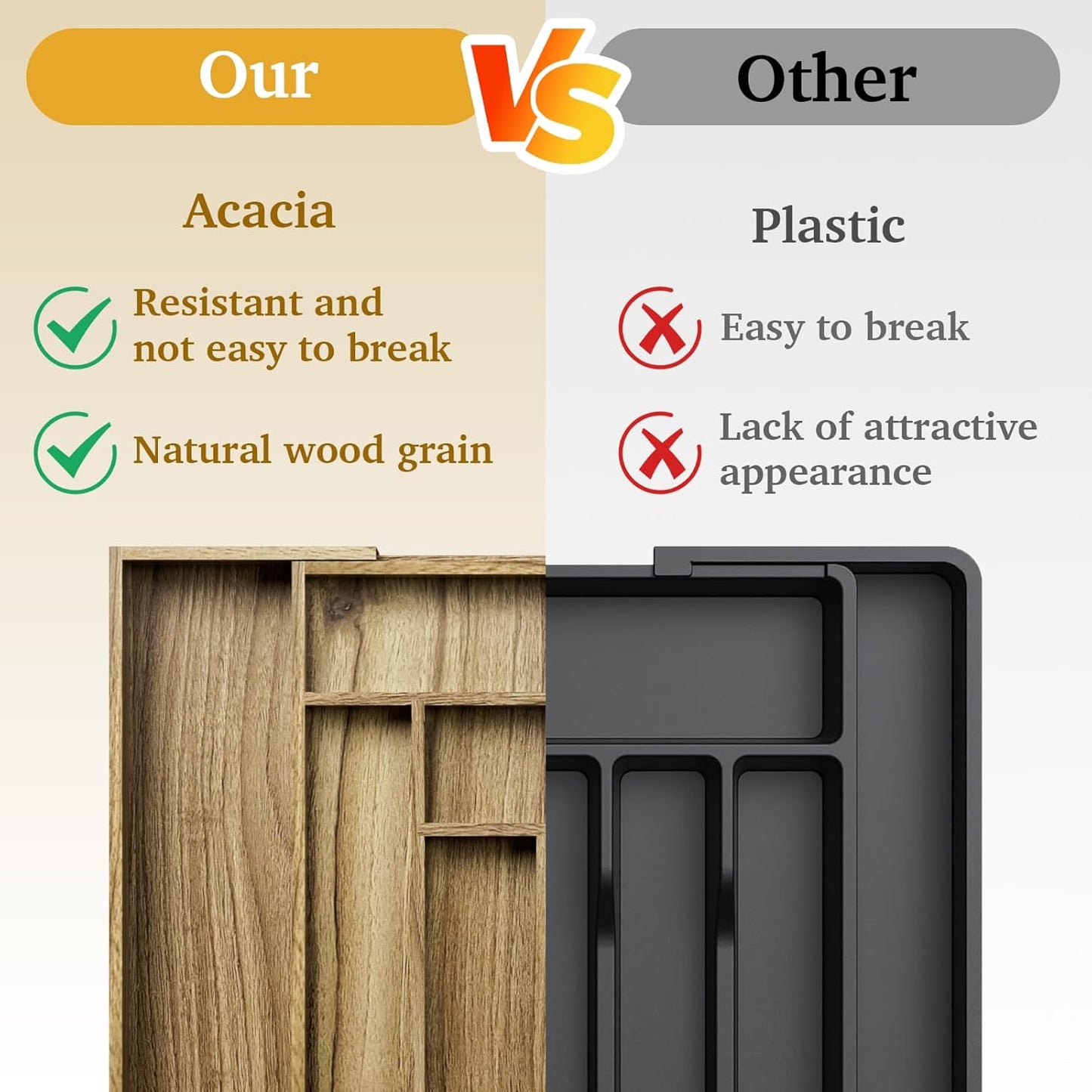 Kiasthome Acacia Wood Silverware Drawer Organizer - Expandable Utensil Tray with Dividers | 13''-21''x16.9'' (6-8 Slots)