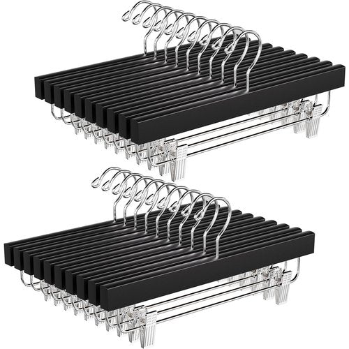 BAGAIL 20 Pack Wooden Pants Hangers with Adjustable Clips, 360°Swivel Hook Space Saving Skirt Holders with Anti-Rust Clips for Trousers, Jeans, Shorts (Black)